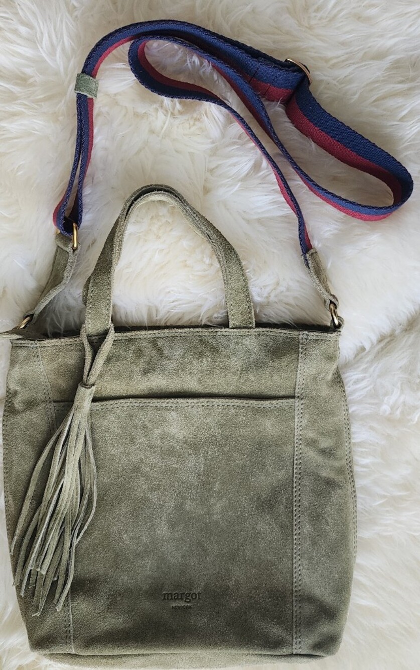 Margot Olive Suede Crossbody Bag with Striped Strap